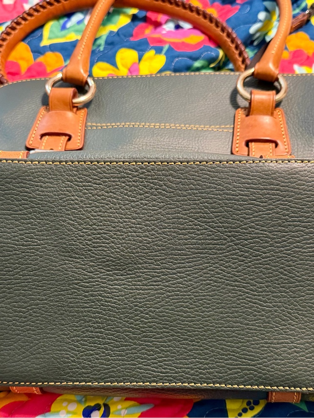 Dooney & Bourke Forest Green Leather Tote with Tan Trim - Picture 5 of 7